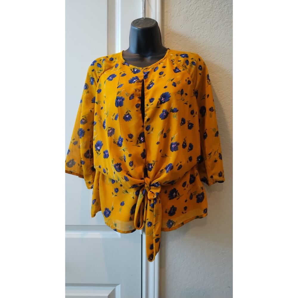 Harper Heritage floral print yellow blouse women's top 3/4 Sleeves Size XS